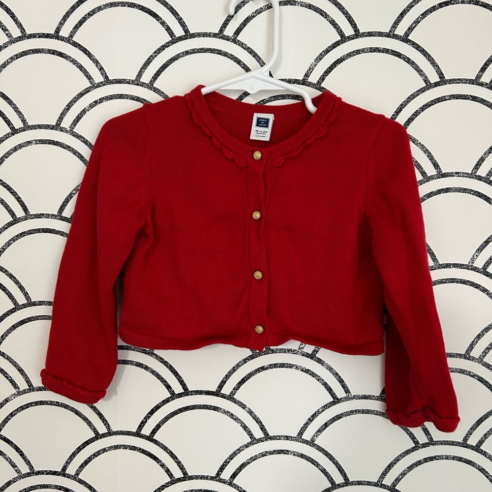 Janie and Jack Red Holiday Christmas Cardigan with Gold Buttons
